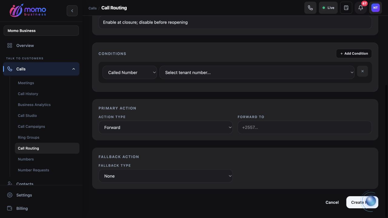 Primary and fallback action sections in the dispatch rule editor.