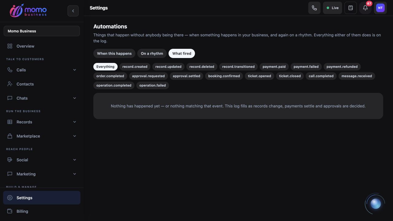 What fired view showing event filters and an empty automation event log